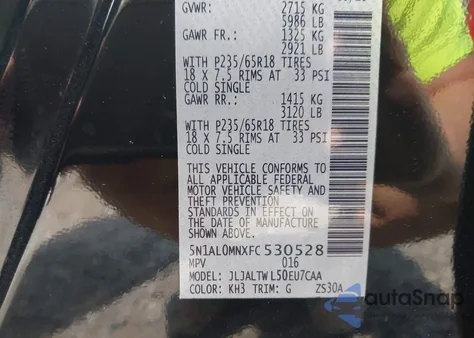 2015 Infiniti Qx60 из США, поврежденный, VIN 5N1AL0MNXFC530528